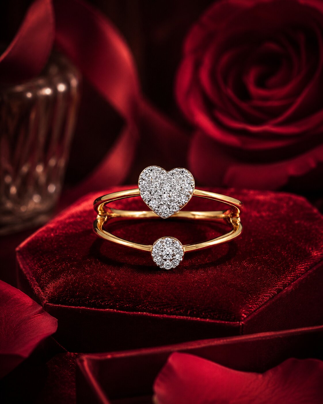 Minimal heart diamond bracelet in gold with romantic red velvet background.