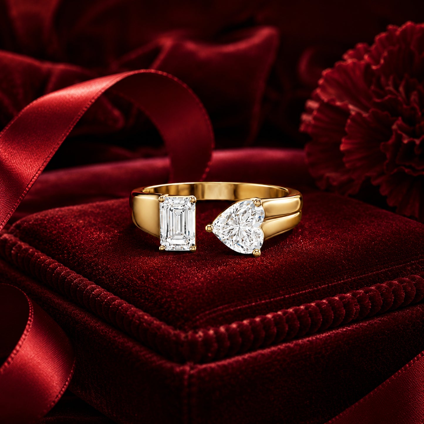 Luxury heart-cut diamond bypass ring on crimson velvet ribbon backdrop