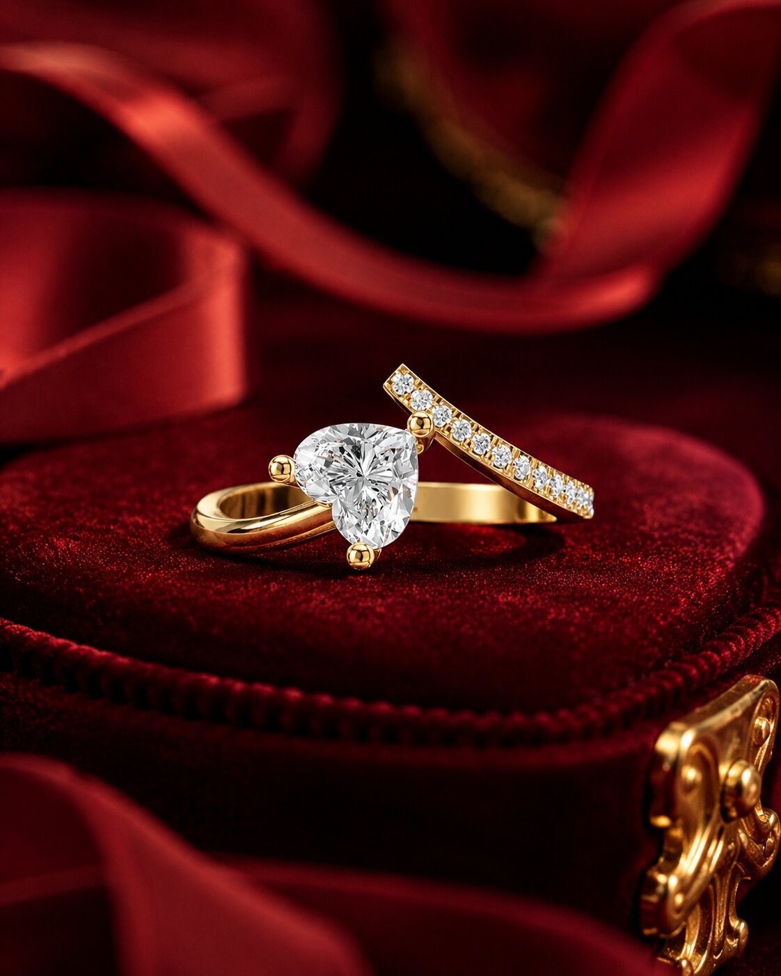 Pear-shaped lab-grown diamond ring in yellow gold on deep red velvet, romantic luxury jewellery campaign by Firefly Diamonds.