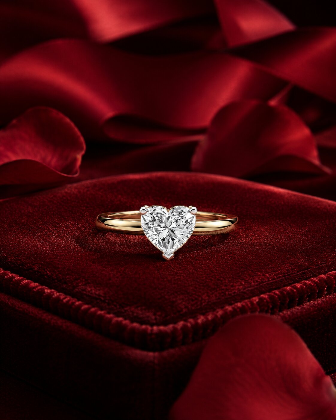 Heart diamond engagement ring with deep red velvet and rose petals