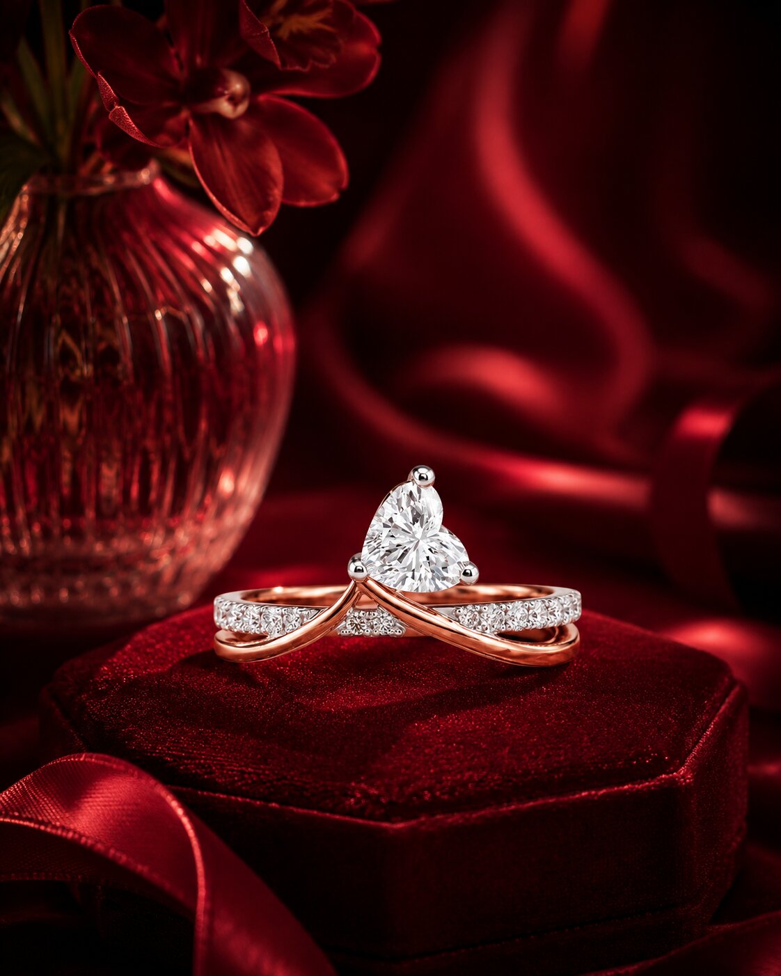 Pear-shaped diamond crossover ring in rose gold on burgundy velvet.