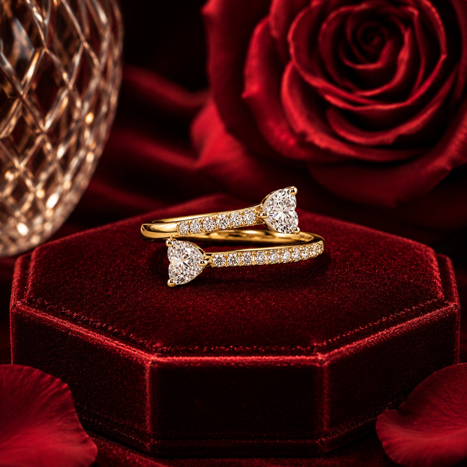 Heart diamond wedding band set in yellow gold luxury jewellery photography.