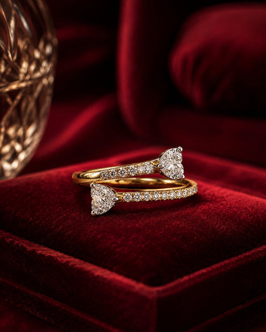 Heart diamond wedding band set in yellow gold luxury jewellery photography.