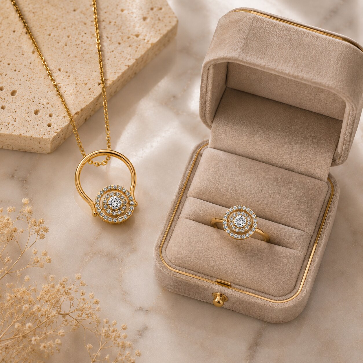 Convertible halo diamond ring and pendant set
