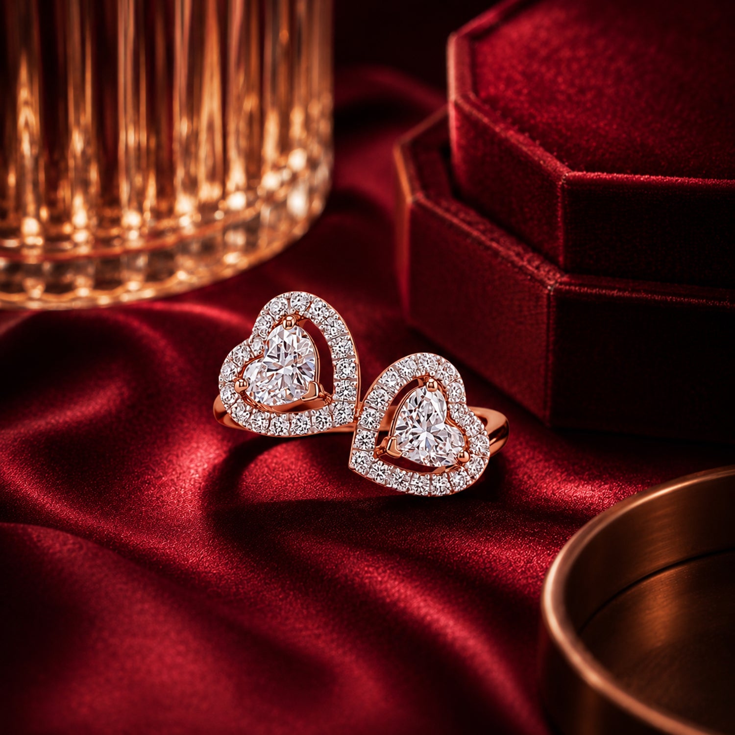 Heart-shaped lab-grown diamond earrings in rose gold, luxury jewellery photography