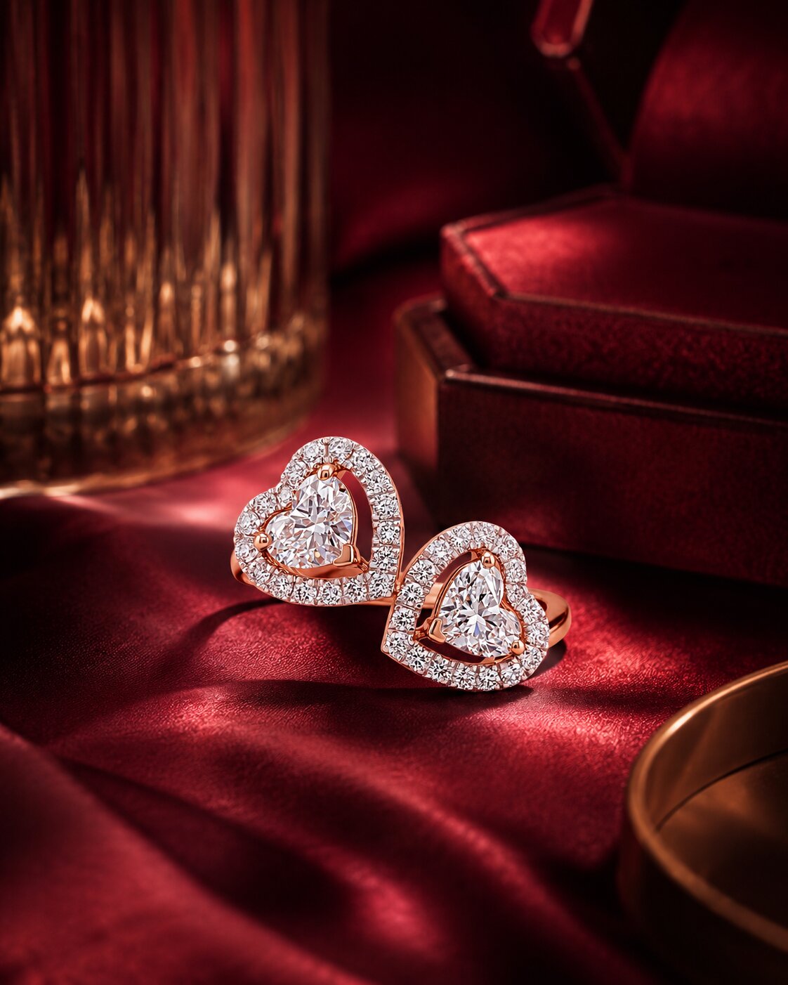 Heart-shaped lab-grown diamond earrings in rose gold, luxury jewellery photography