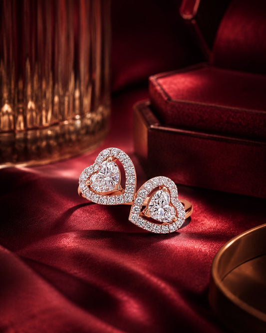 Heart-shaped lab-grown diamond earrings in rose gold, luxury jewellery photography