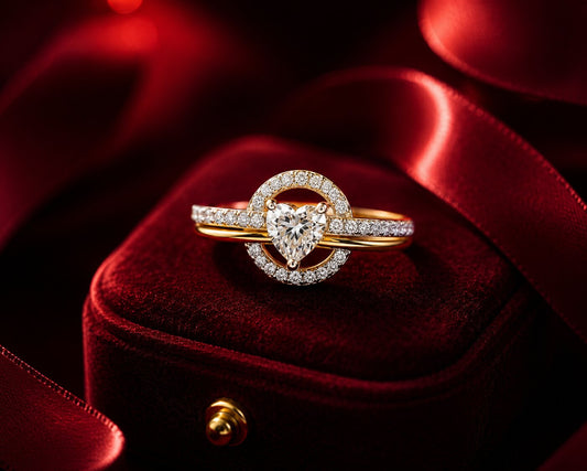 Heart-shaped diamond halo ring in rose gold with romantic ruby velvet backgroun