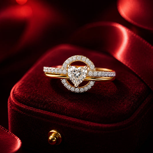 Heart-shaped diamond halo ring in rose gold with romantic ruby velvet background