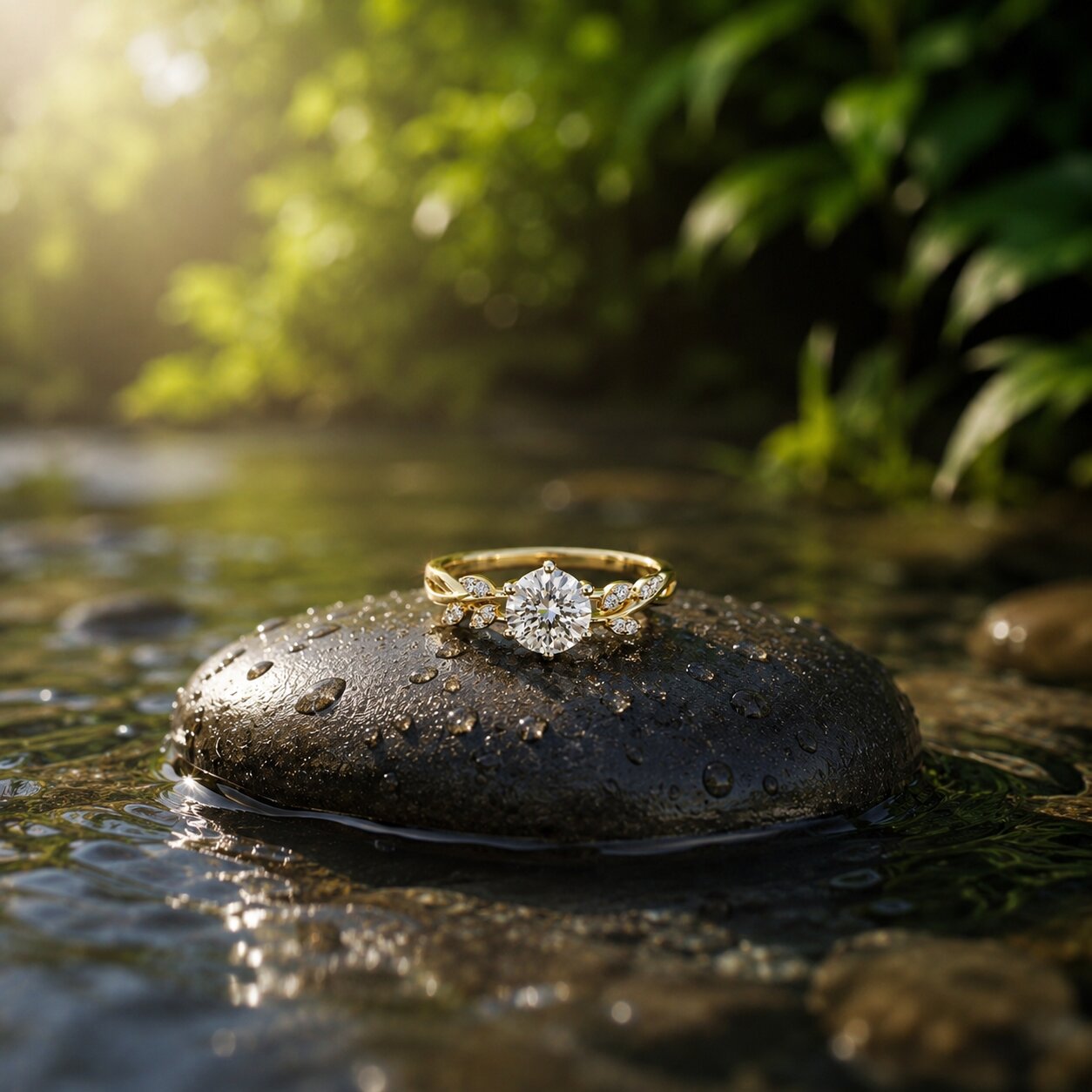 Floral Solitaire Diamond Ring on Natural Stone Background
