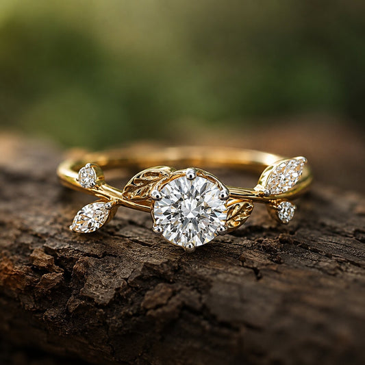 Floral Solitaire Diamond Ring on Natural Stone Background