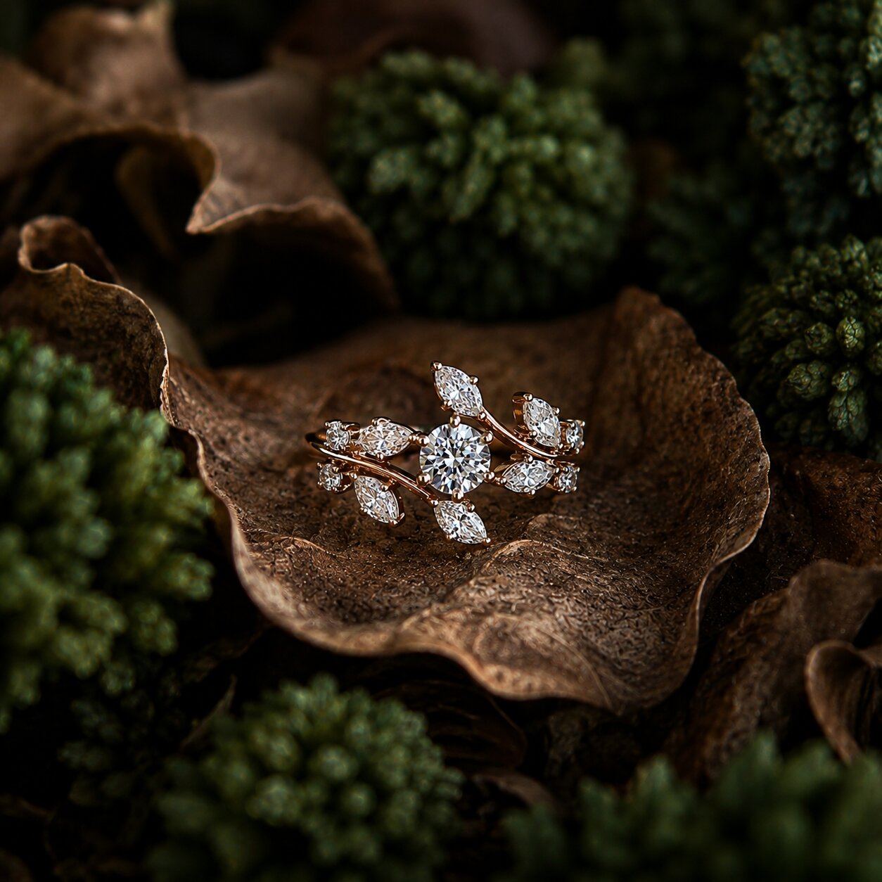 Nature-inspired floral diamond ring in rose gold with botanical leaf design