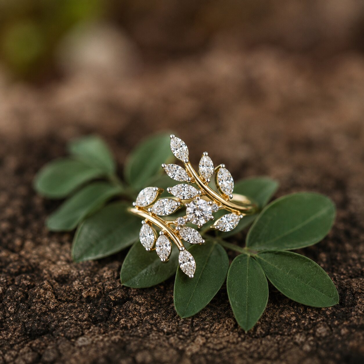 Nature-inspired diamond ring in yellow gold with marquise-cut lab-grown diamonds on green leaves