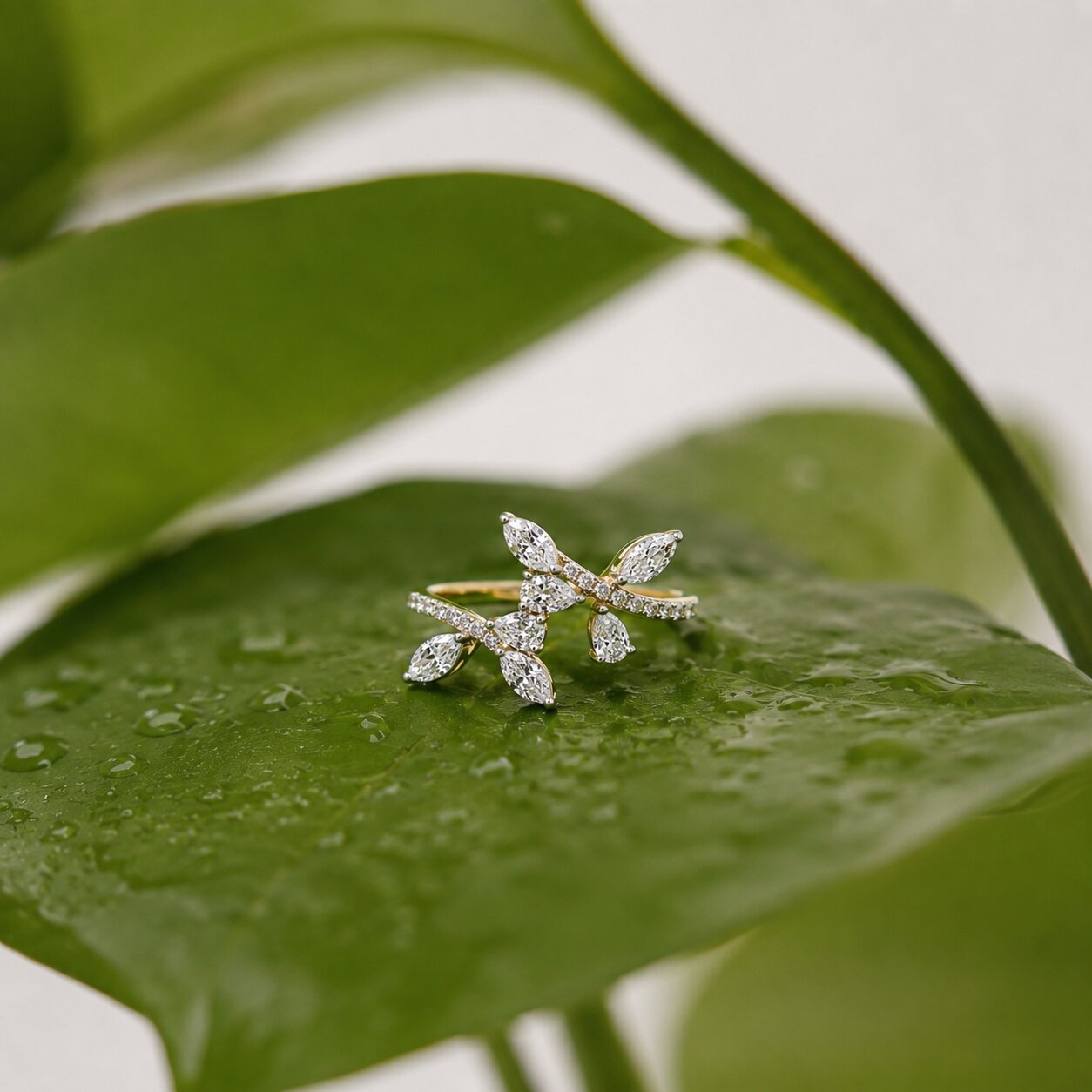 Delicate floral diamond ring in white gold with leaf-inspired lab-grown diamond design