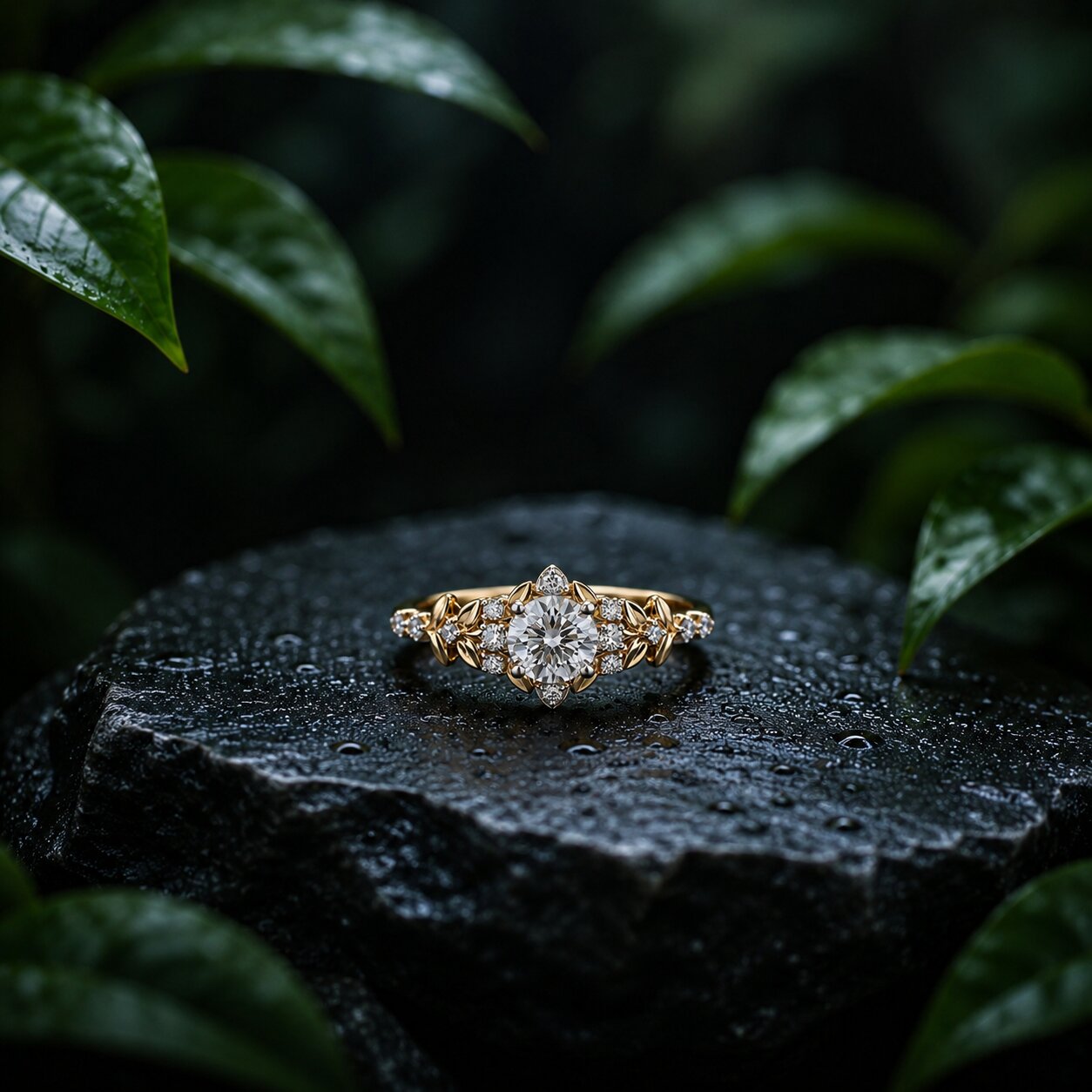 Nature-inspired lab-grown diamond ring in gold with leafy floral design on wet stone background
