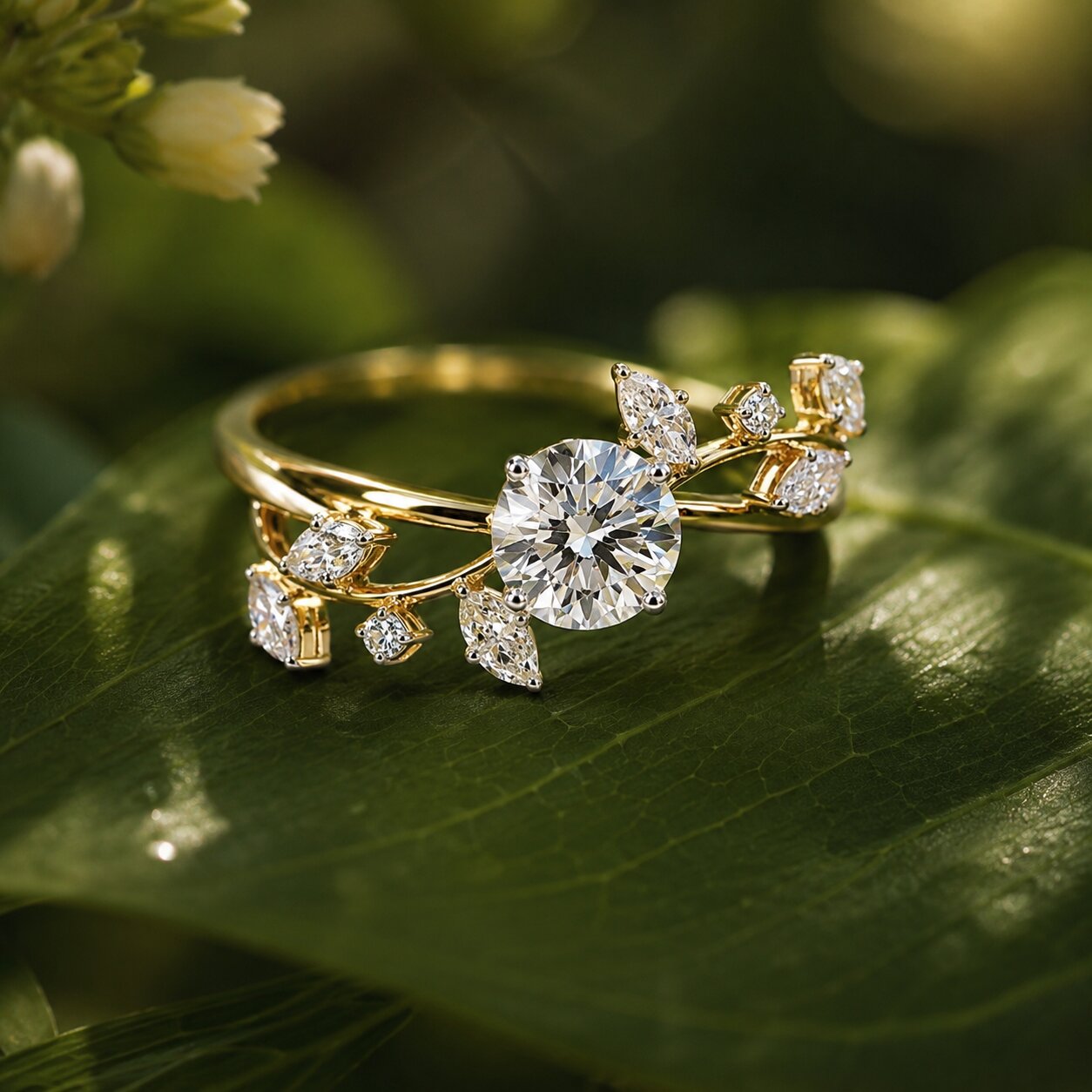 Nature Inspired Solitaire Diamond Ring in Yellow Gold